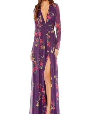 Mac Duggal Purple Floral Deep V Maxi Dress with High Slit